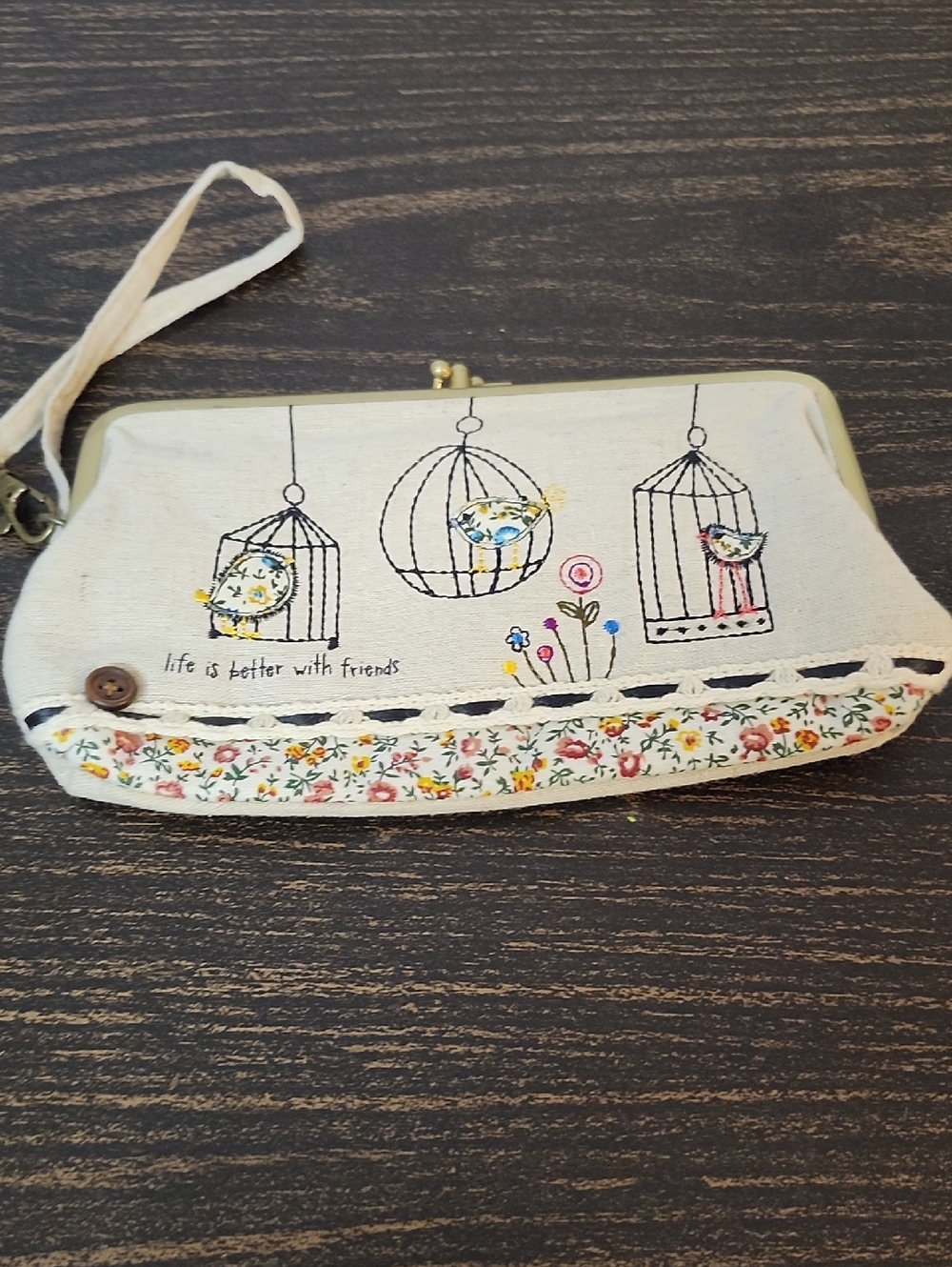 Natural life Linen wallet wristlet  Kiss Closure embroidery birdcage